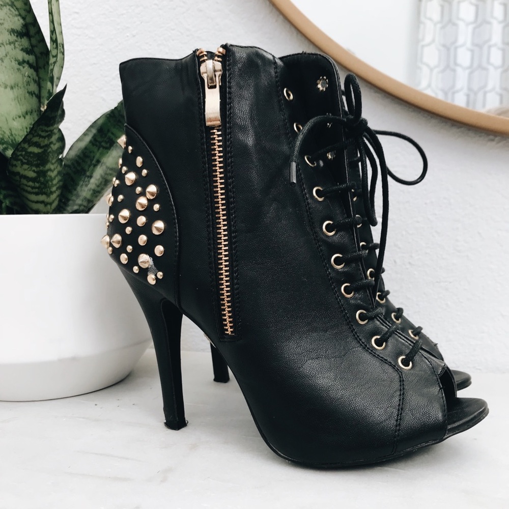 Edgy Black Heeled Booties With Gold Spikes